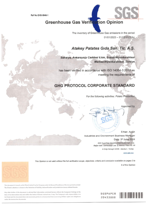 Sera Gazı Emisyon Raporu (Kapsam 1, 2 & 3)- Doğrulama Sertifikası (2023)